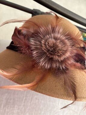 Galliano Sorbatti  Feather Pom Fedora Hat in Tan